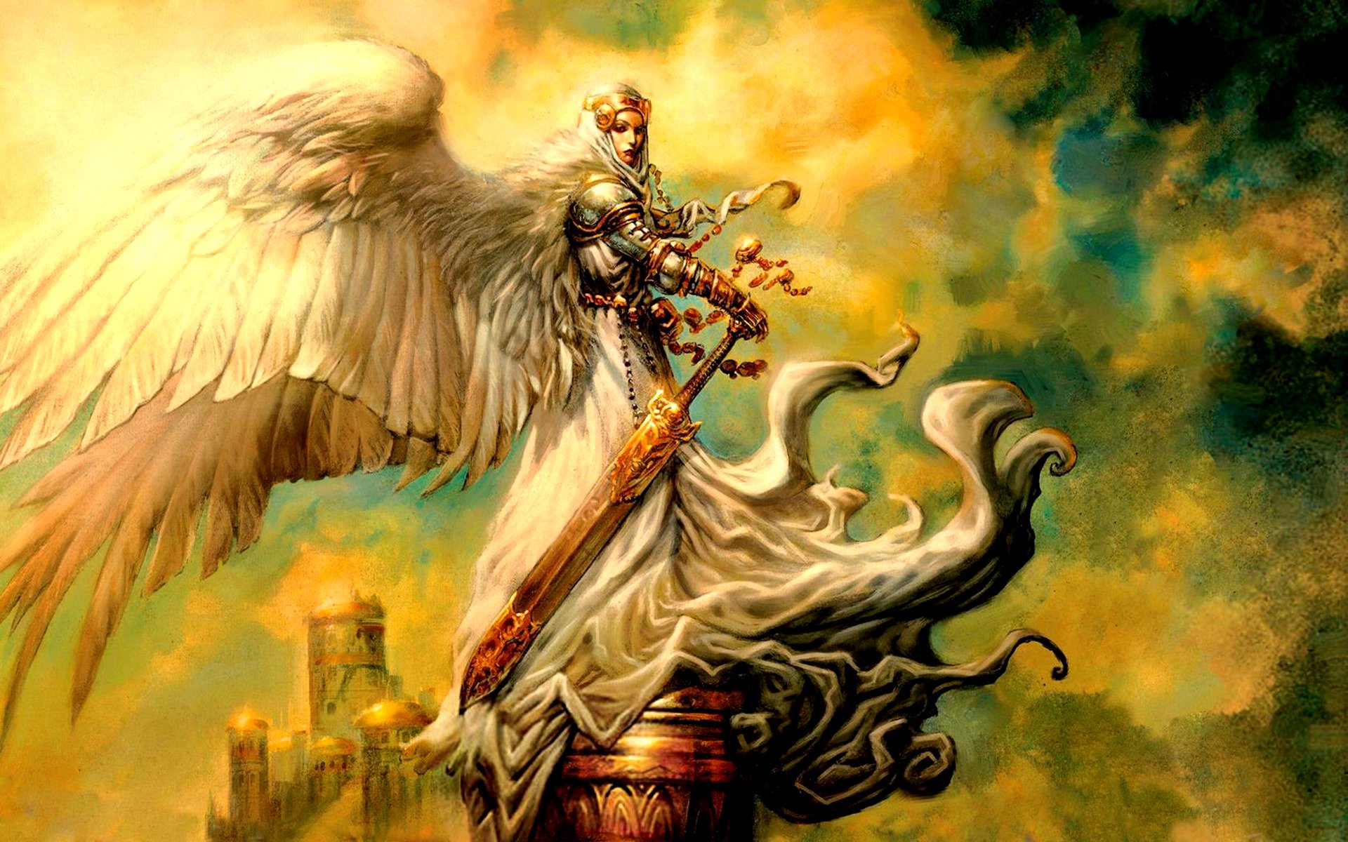 An angelic warrior wields a sword against a dark, mystical backdrop, combining elements from League of Legends and Magic: The Gathering, evoking dynamic fantasy imagery.