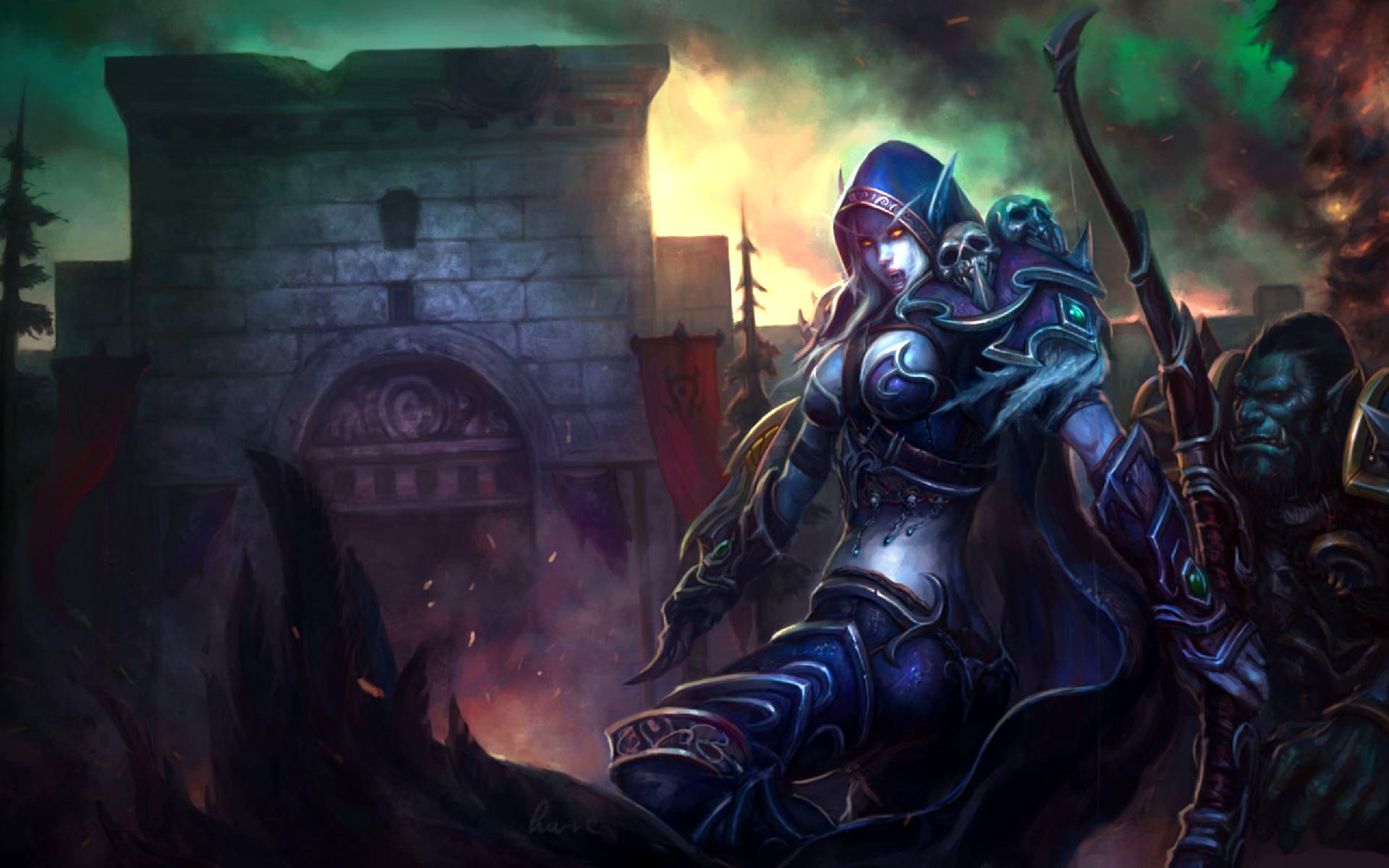 A dark and atmospheric scene from the video game Warcraft, featuring a shadowy character in intricate armor, poised against a foreboding backdrop of a ruined fortress and swirling chaos.