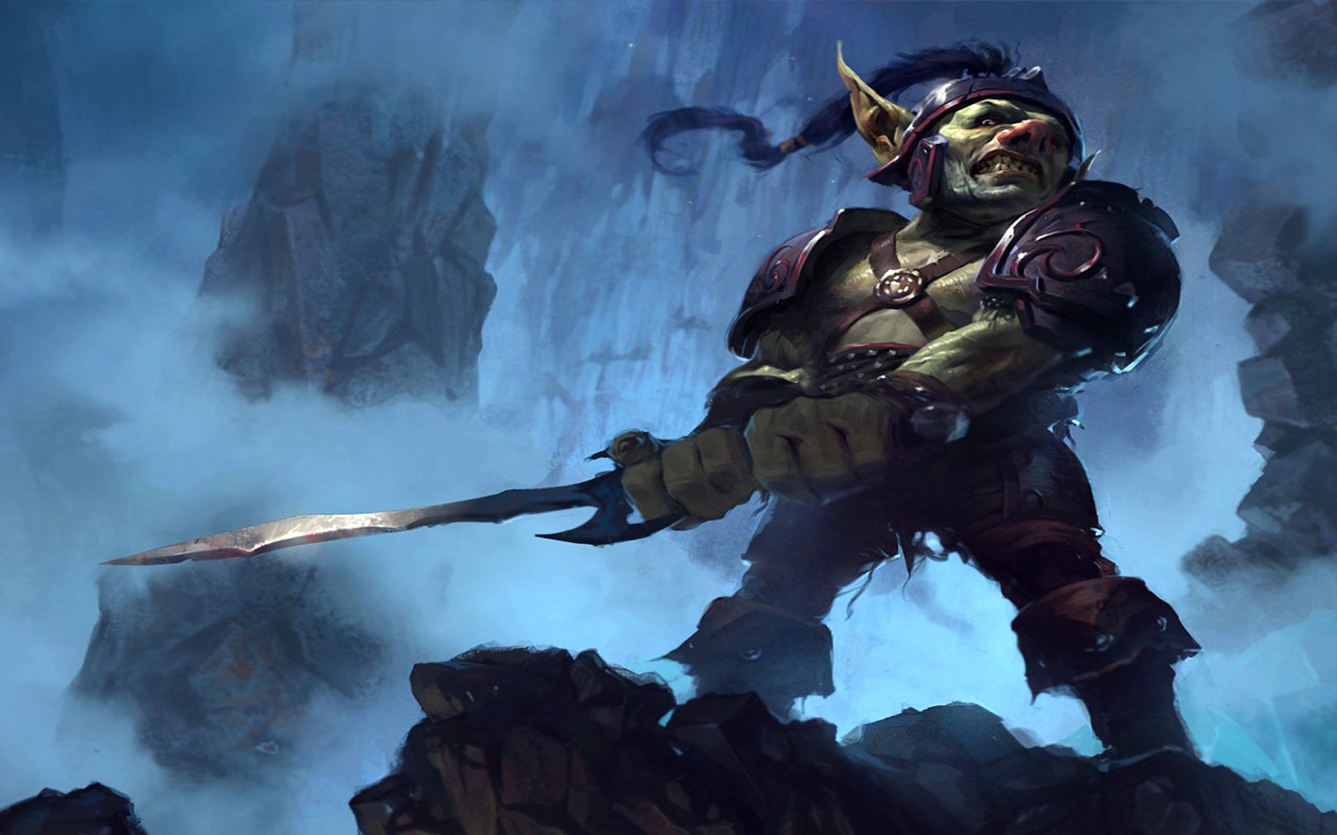 A fierce fantasy warrior with green skin and armor stands on rocky terrain, wielding a sword amidst a misty, dark battlefield.