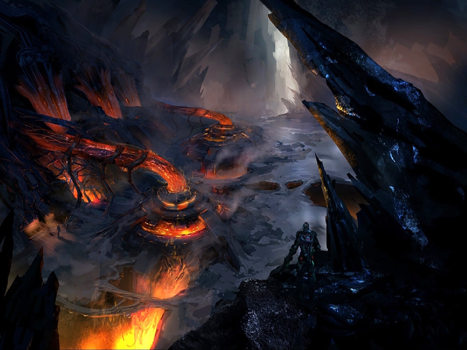 A dramatic sci-fi landscape featuring volcanic lava flows and jagged rocks, with a lone figure overlooking the scene reminiscent of Star Wars and Jaws atmospheres.