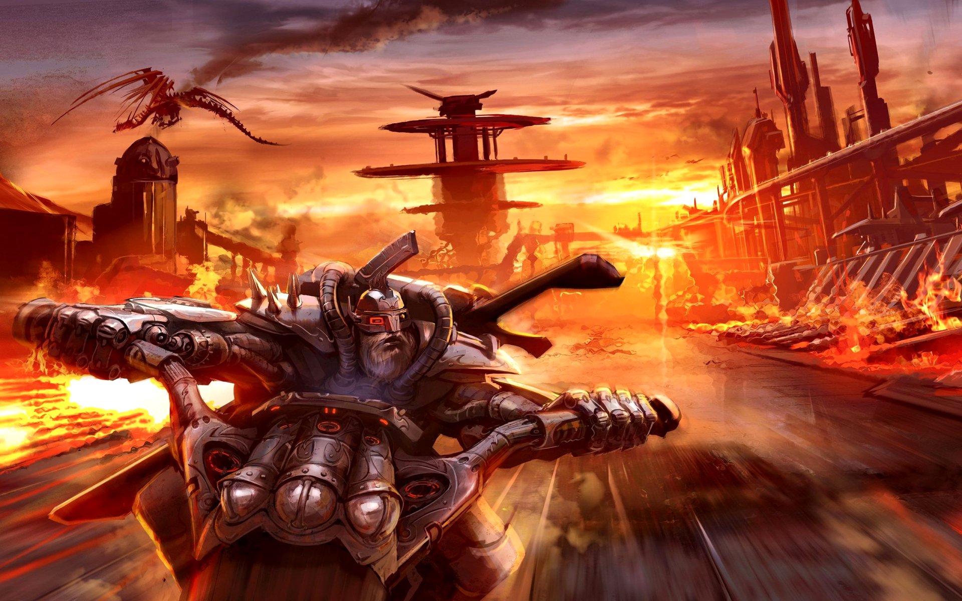 A dramatic scene from a Warhammer video game, featuring a fierce warrior on a motorcycle racing through a fiery, dystopian landscape with a towering city in the background.