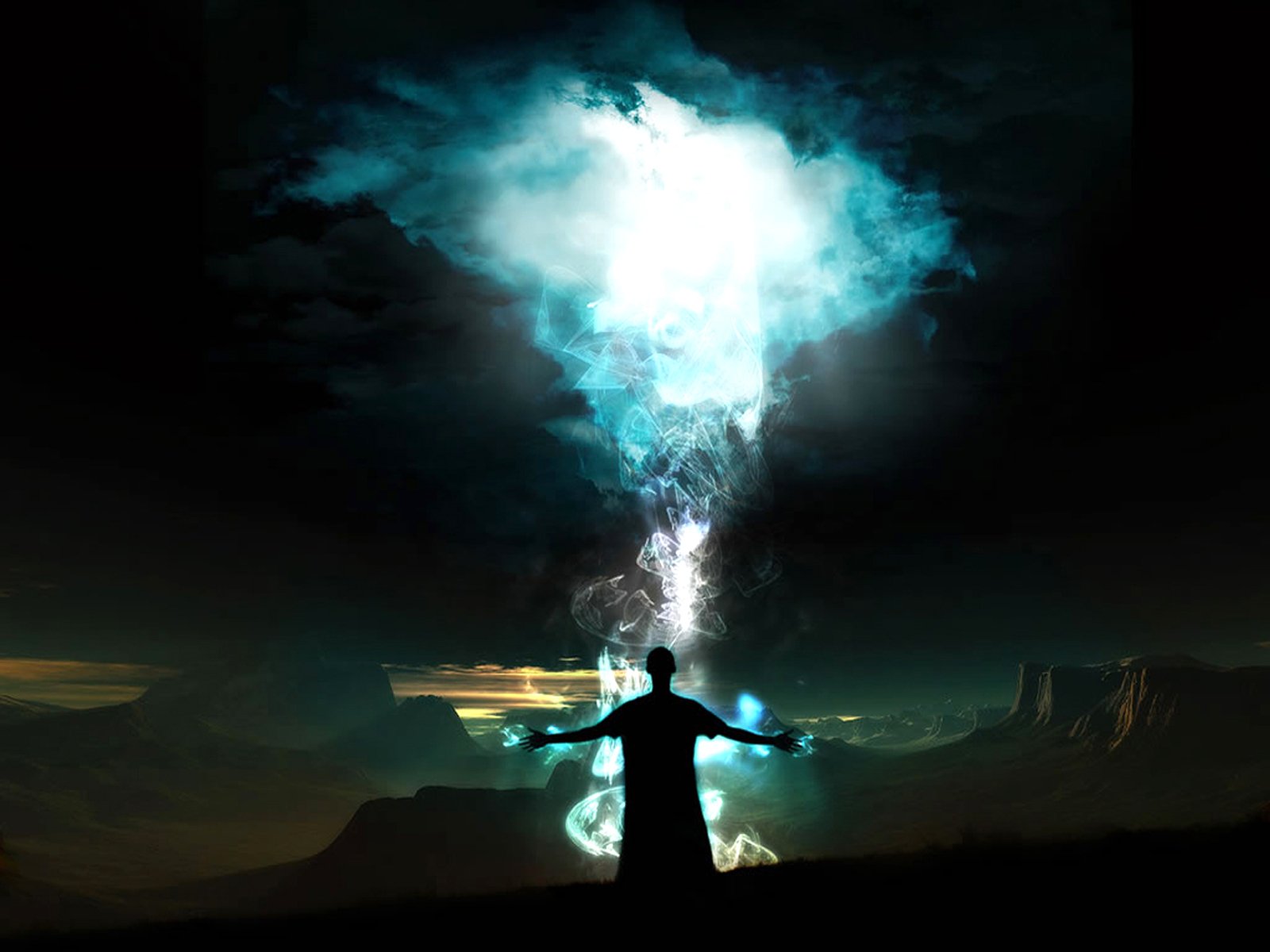 A fantasy sorcerer stands with arms outstretched, summoning a powerful glowing blue energy beam into the dark sky.