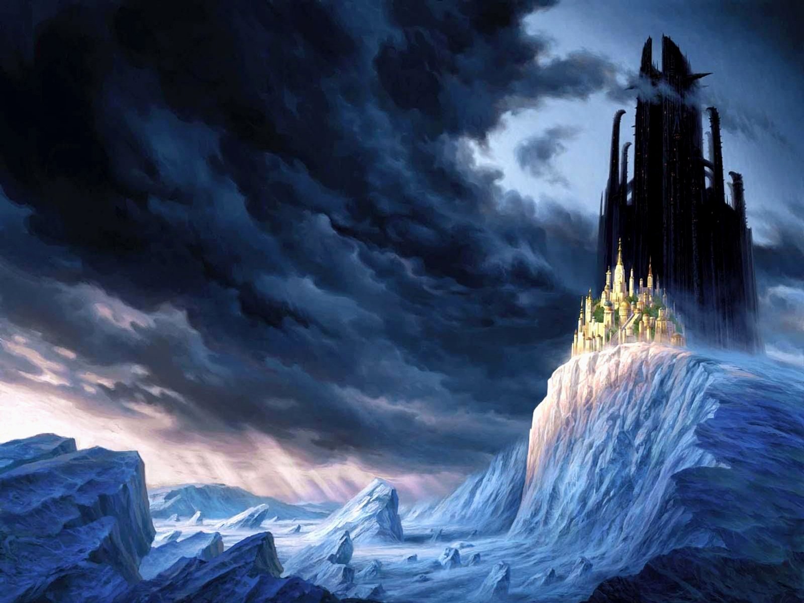 A dramatic fantasy landscape featuring a towering dark castle perched on a frozen cliff, surrounded by ominous clouds and jagged ice formations.
