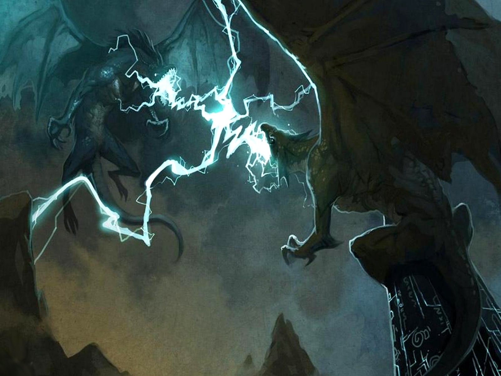 A dramatic fantasy scene depicts Suigintou from Rozen Maiden facing a dragon, with bolts of lightning illuminating the dark, tumultuous atmosphere.