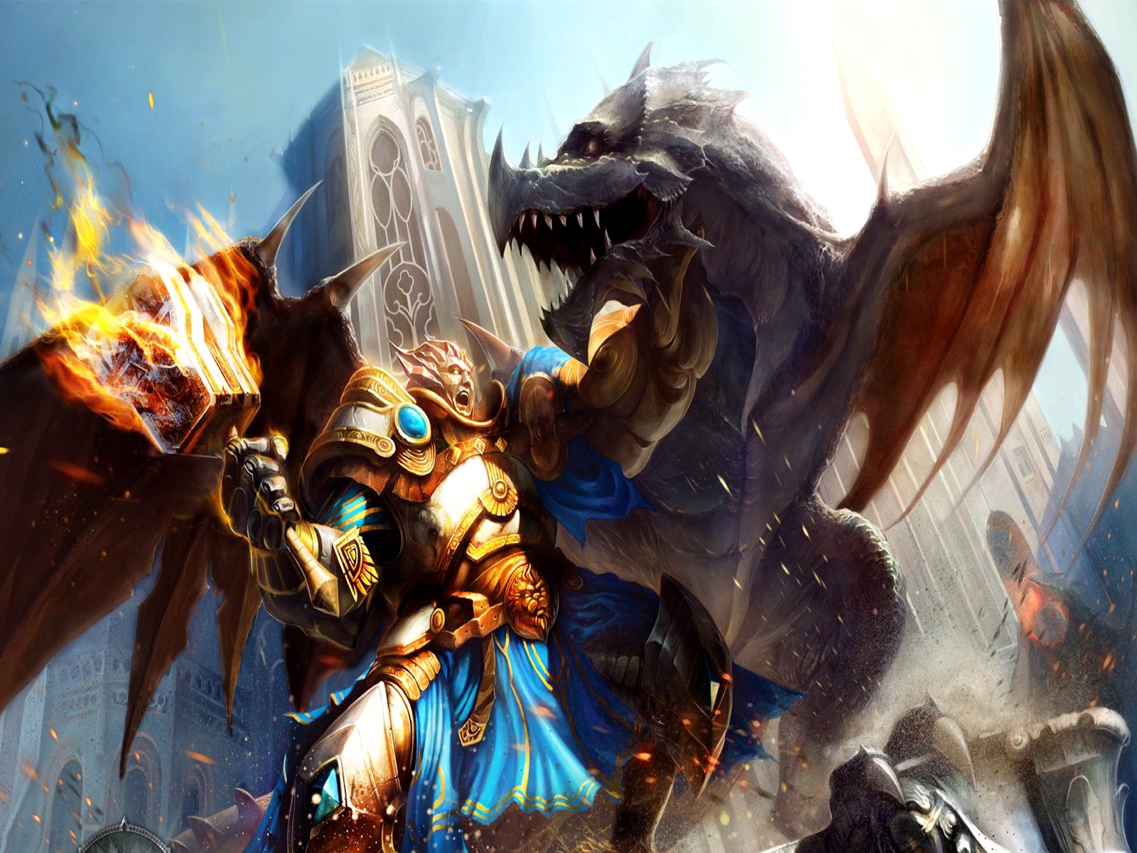A warrior clad in golden armor battles a fierce dragon amid a fiery, ruined cityscape from the video game AION.