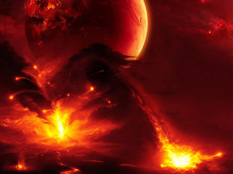 Sci-fi planet engulfed in crimson flames: molten eruptions and volcanic plumes arcing across a fiery space backdrop.