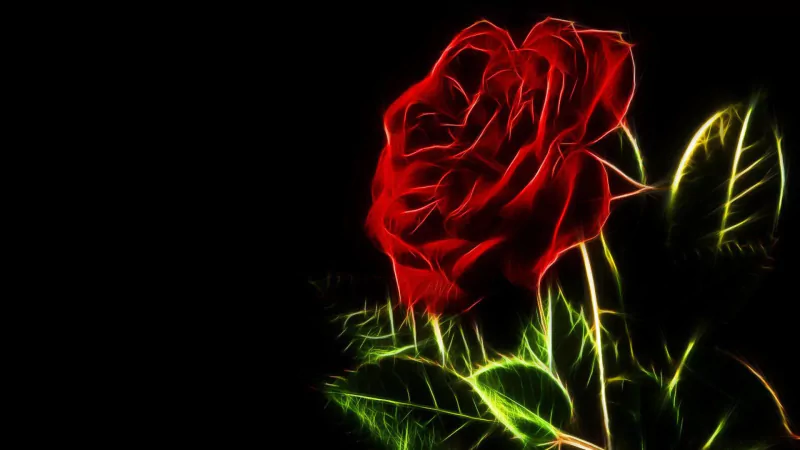 An artistic depiction of a vibrant red rose, illuminated against a dark background, showcasing intricate details and glowing green leaves.