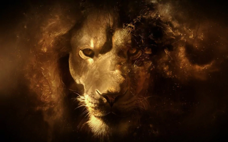A mystical, golden-hued lion emerges in a fantasy landscape, its intense gaze captivating against a backdrop of swirling mist and light, embodying the essence of wild nobility.
