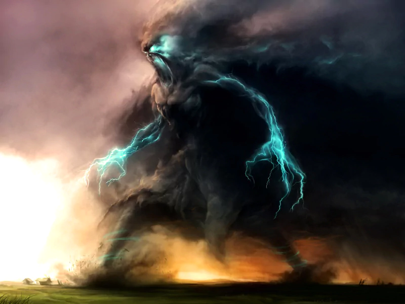 A towering elemental figure made of storm clouds and lightning emerges over a landscape, blending fantasy with the raw power of nature's fury.