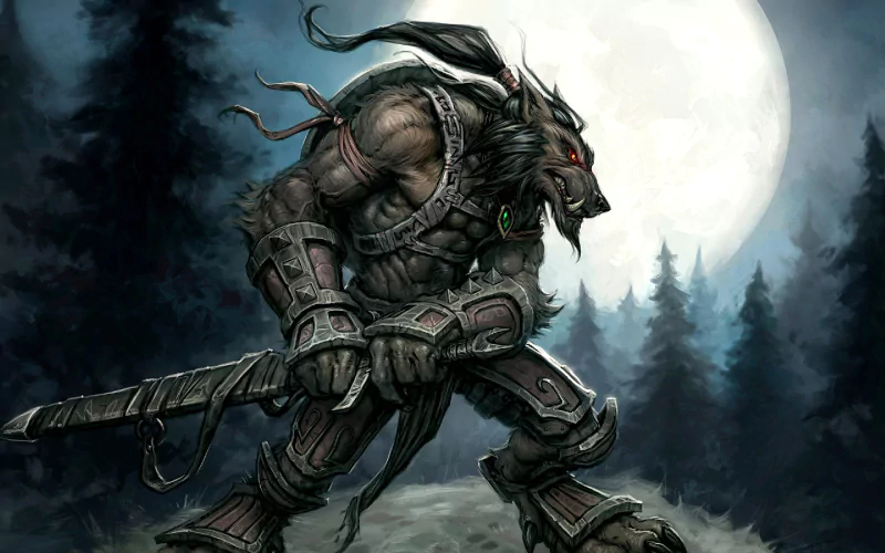 A fierce humanoid wolf warrior from the Warcraft video game stands poised under a full moon in a dark forest, showcasing powerful legs and detailed armor.