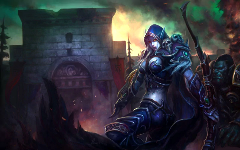 A dark and atmospheric scene from the video game Warcraft, featuring a shadowy character in intricate armor, poised against a foreboding backdrop of a ruined fortress and swirling chaos.
