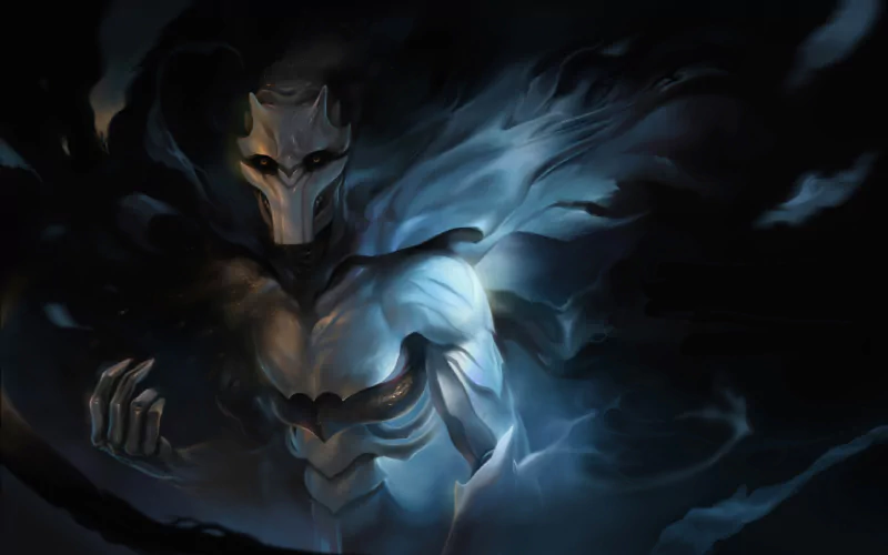 A dark warrior clad in shadowy armor emerges from swirling mist, exuding an eerie and powerful presence in a mysterious, ominous setting.