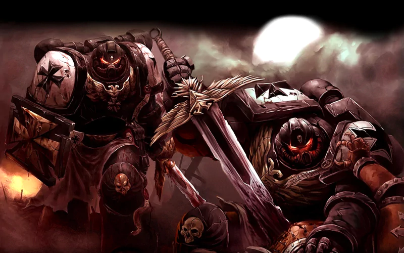 A striking illustration from the Warhammer video game, featuring armored warriors with skull motifs and menacing expressions, set against a dark, atmospheric backdrop.