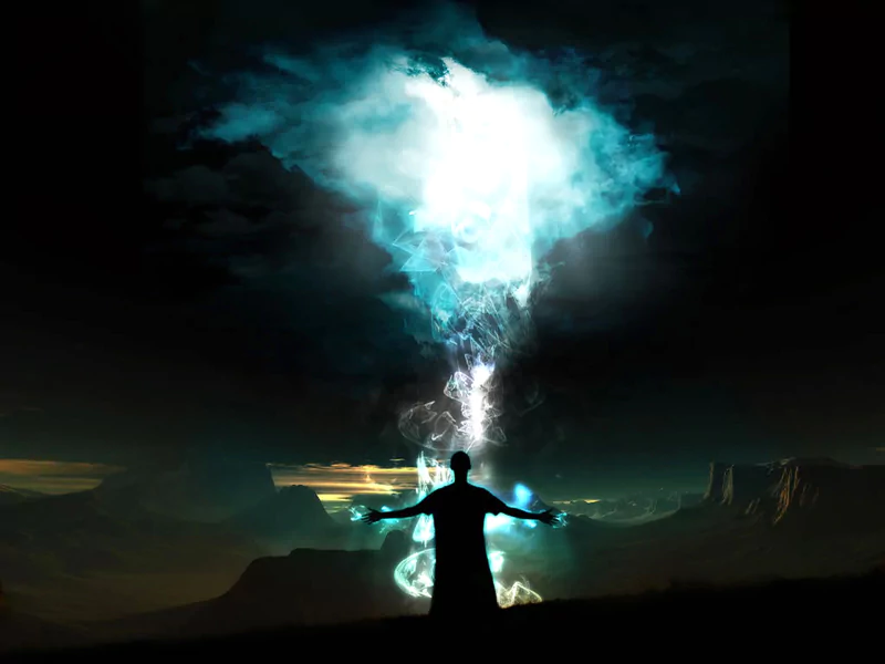 A fantasy sorcerer stands with arms outstretched, summoning a powerful glowing blue energy beam into the dark sky.