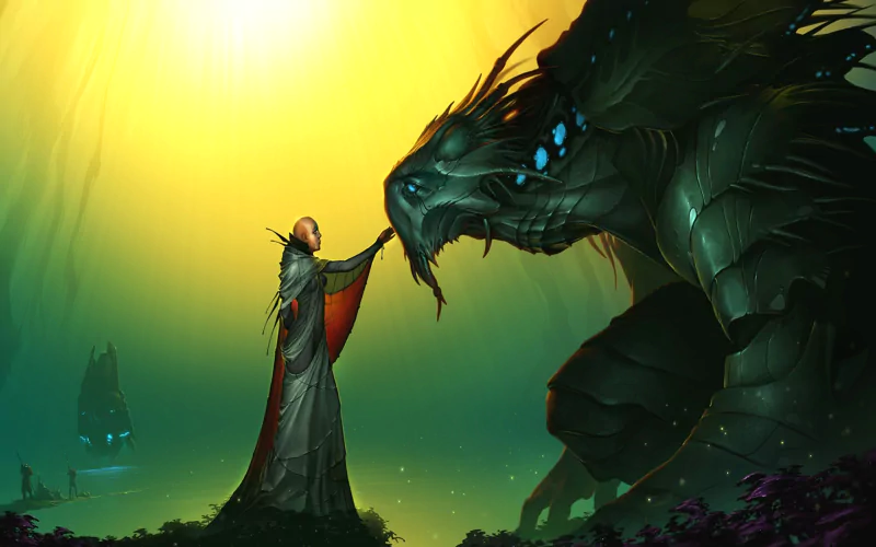 A humanoid figure in a flowing robe reaches out to a large alien creature in a vibrant, otherworldly landscape illuminated by an ethereal glow.