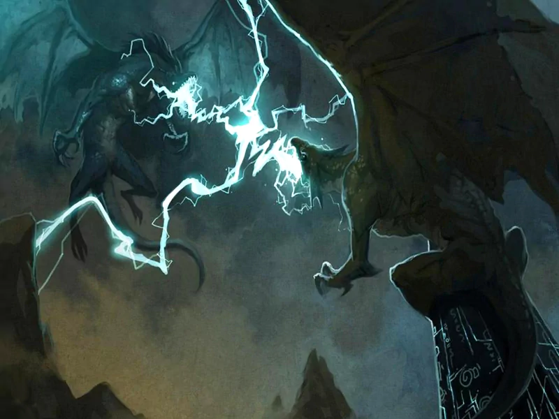 A dramatic fantasy scene depicts Suigintou from Rozen Maiden facing a dragon, with bolts of lightning illuminating the dark, tumultuous atmosphere.