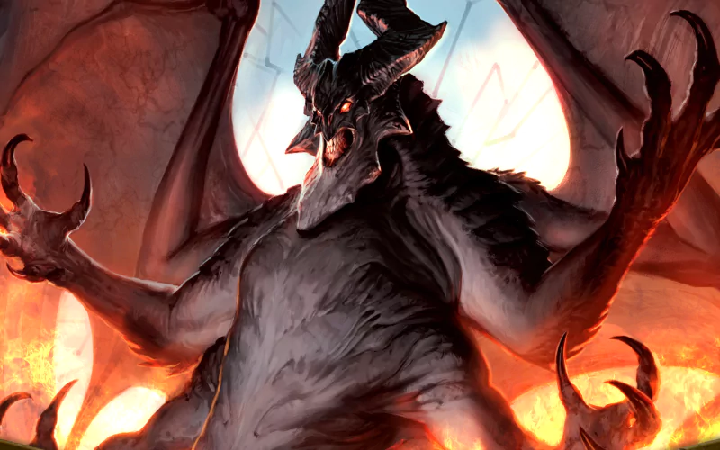 A menacing, man-made demon with horns, wings, and glowing eyes rises amid flames, depicted in a Magic: The Gathering card illustration.