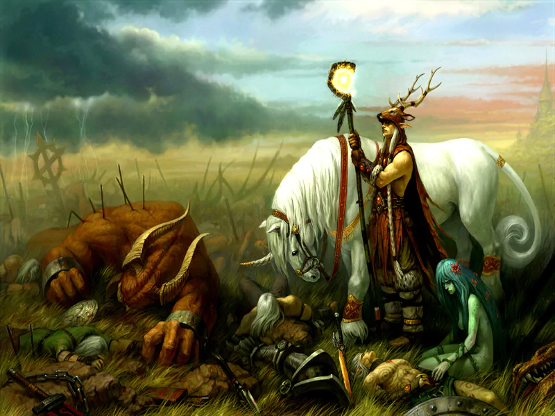 A majestic fantasy battle scene depicts a warrior with antlers standing beside two mythical horses, surveying the aftermath of conflict amidst fallen foes and a dramatic sky.