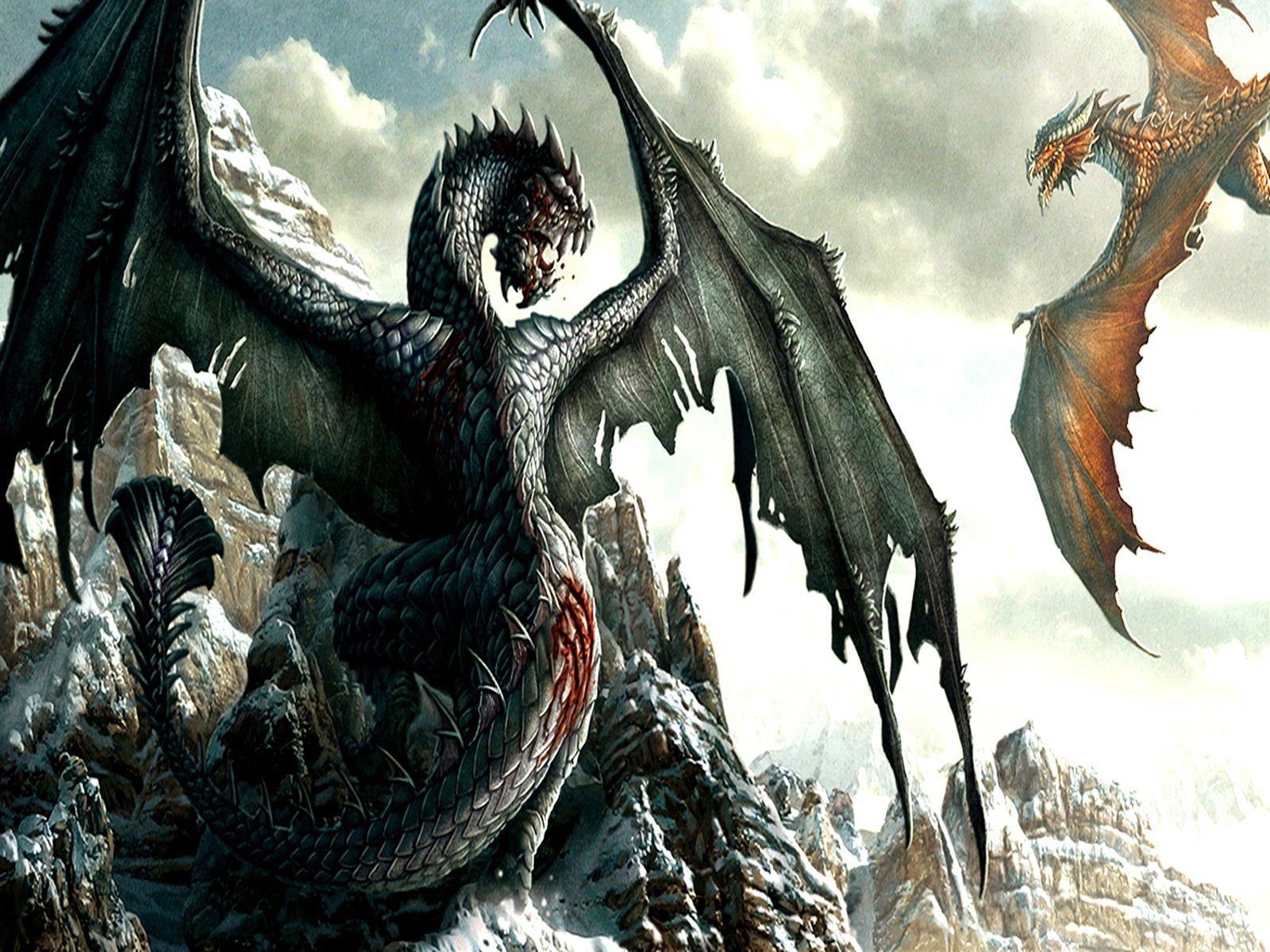 A powerful black dragon spreads its wings atop a snowy peak, while a golden dragon soars nearby, embodying the essence of fantasy and mythical creatures.