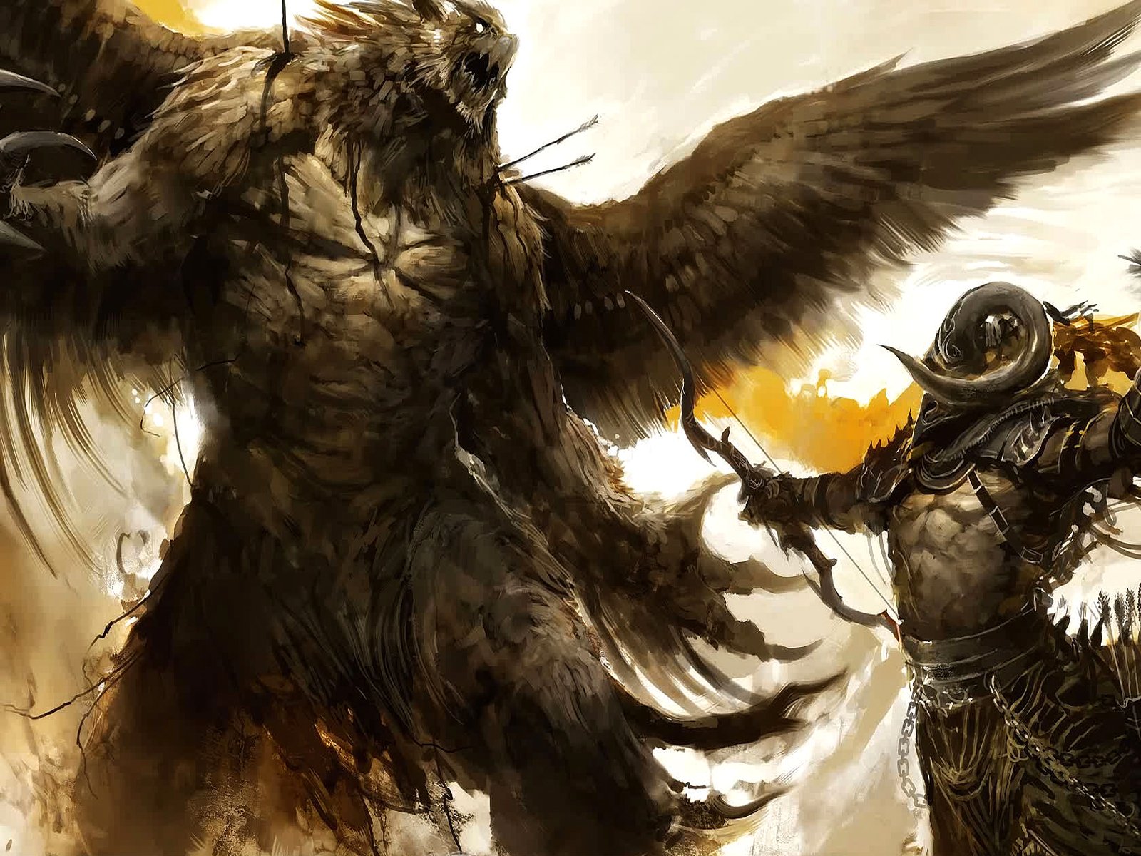 An intense scene from the video game Guild Wars depicts a towering, winged creature facing off against a warrior in intricate armor, set against a dramatic, swirling background.