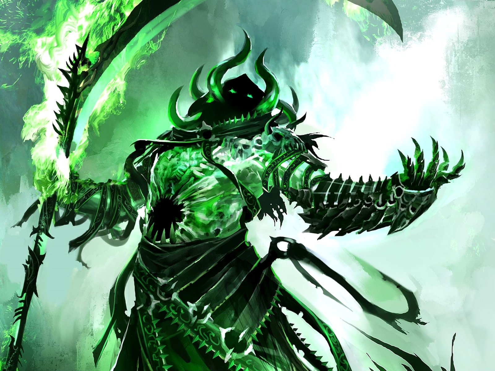A dark, armored character wielding a glowing green scythe, surrounded by eerie green energy, from the video game Guild Wars.