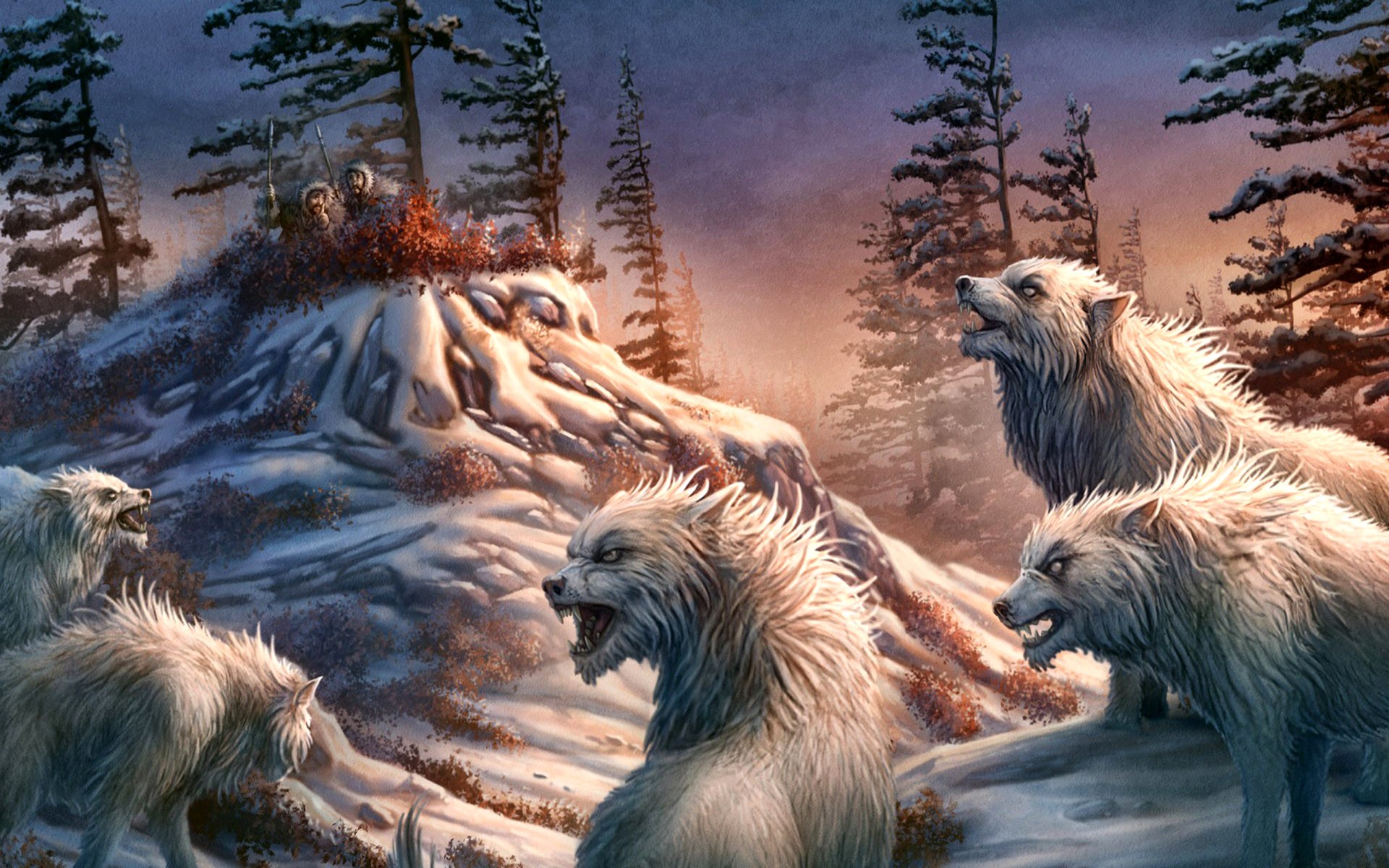 A dramatic fantasy scene showcases powerful, mythical animals resembling wolves with thick fur, gathered around a rocky outcrop in a snowy forest at twilight.