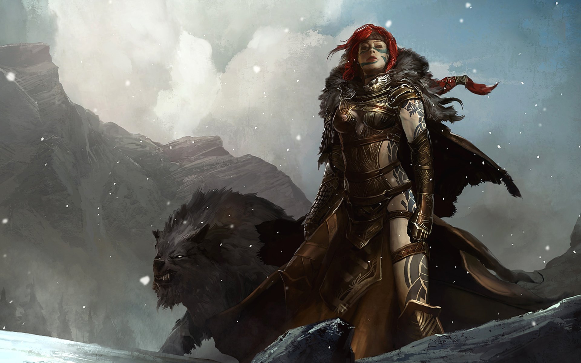 A fierce character from the video game Guild Wars stands confidently in a snowy landscape, accompanied by a large, powerful creature, dressed in intricate armor.
