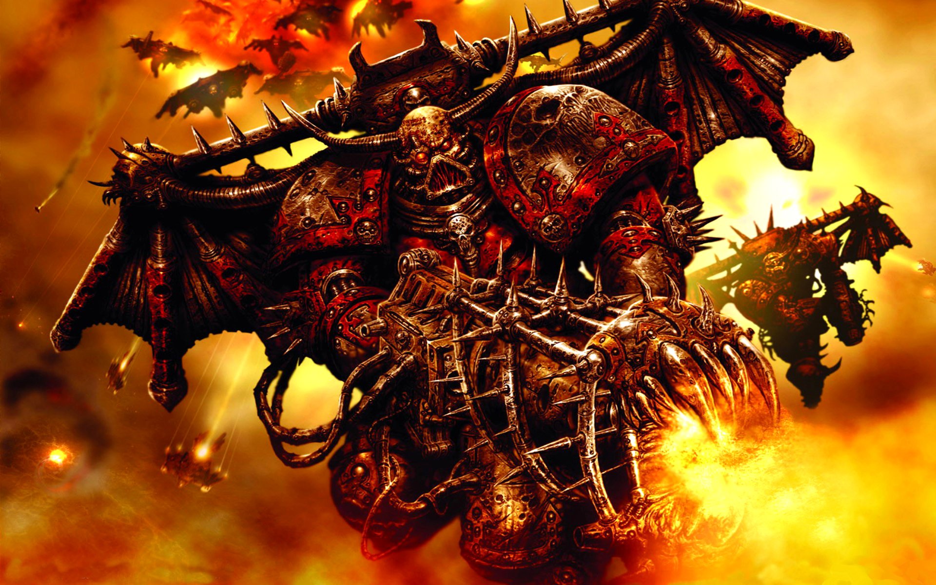 A fiery, demonic figure with wings and spiked armor dominates a Warhammer-inspired scene, blending intense video game aesthetics reminiscent of Nuketown in Call of Duty.