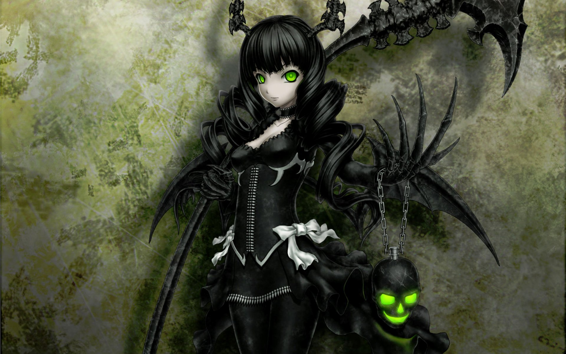A dark, anime-inspired depiction of Dead Master from Black Rock Shooter, featuring her with a scythe, skull, and glowing green eyes, embodying a grim reaper aesthetic.