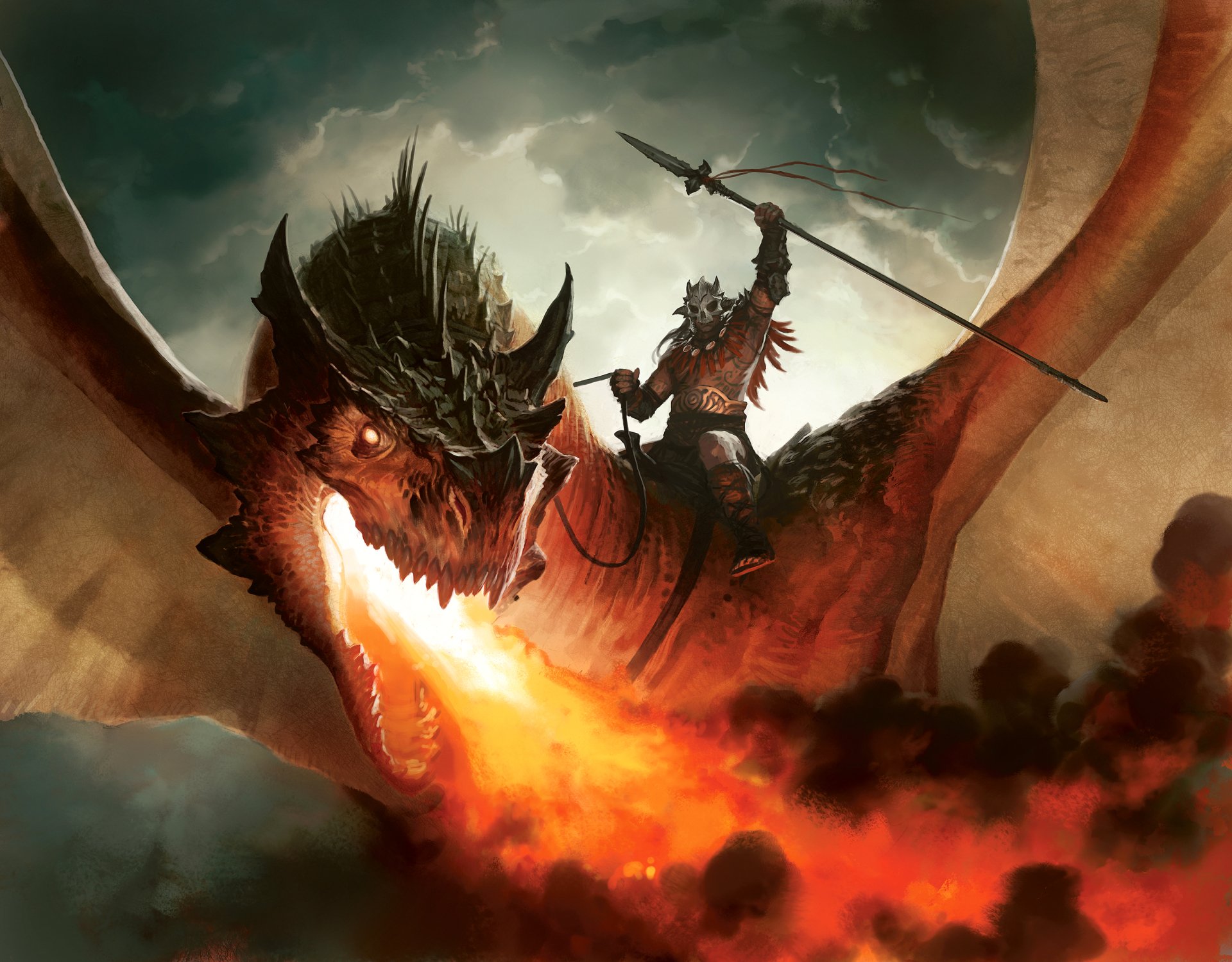 A dramatic artwork from the Lucerne festival depicts a fierce warrior riding a fire-breathing dragon, capturing the essence of Magic: The Gathering's imaginative world.