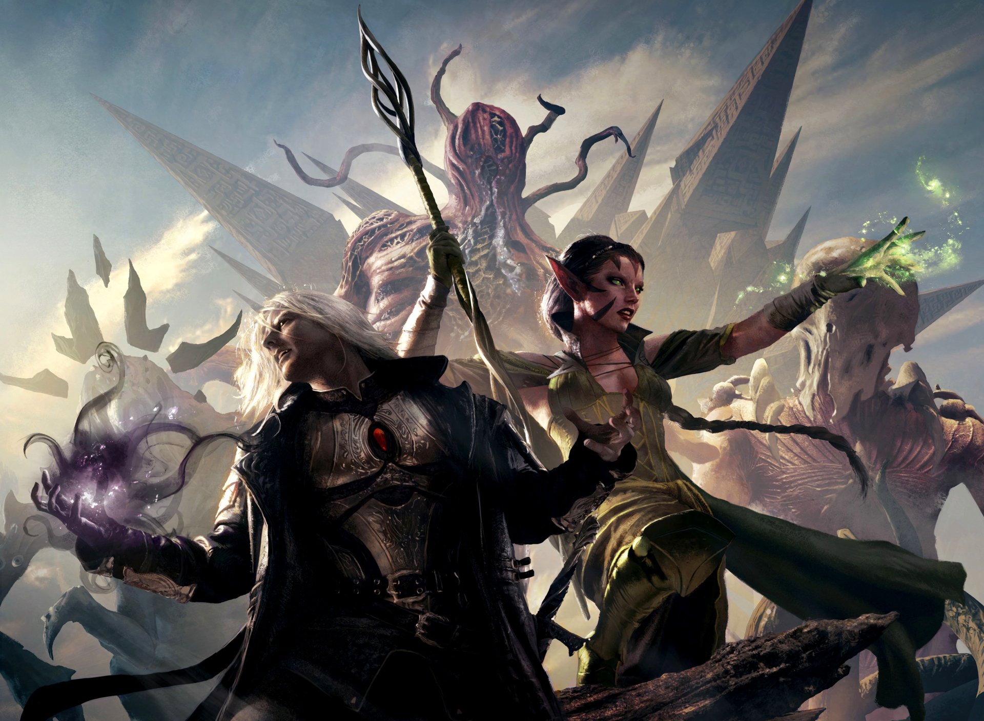 A dynamic Magic: The Gathering scene featuring powerful characters casting spells amid a festival of magic and man-made mystical energy.