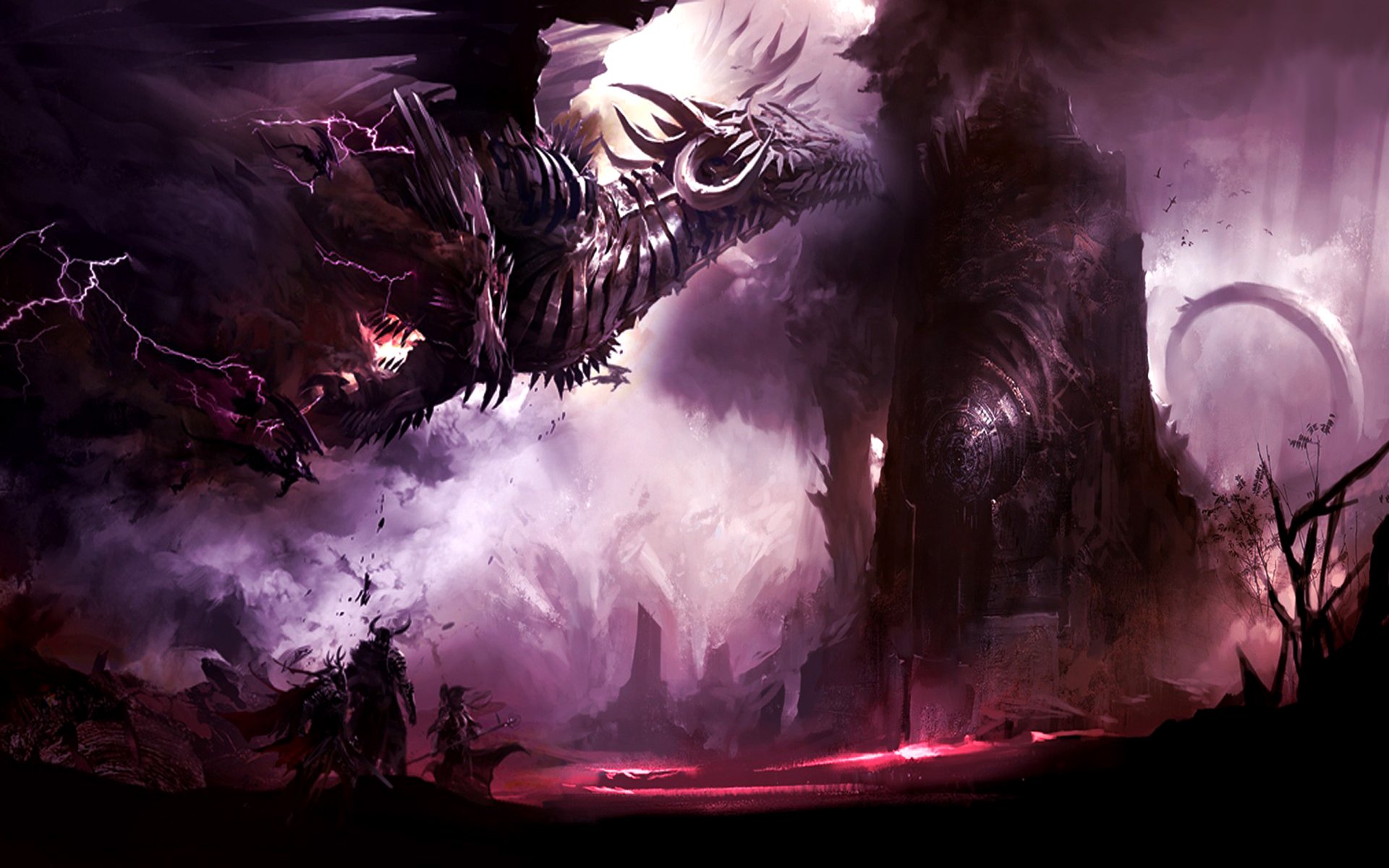 A dramatic scene from the video game Guild Wars, featuring a massive dragon looming over a dark, mystical landscape filled with chaotic energy and shadows.