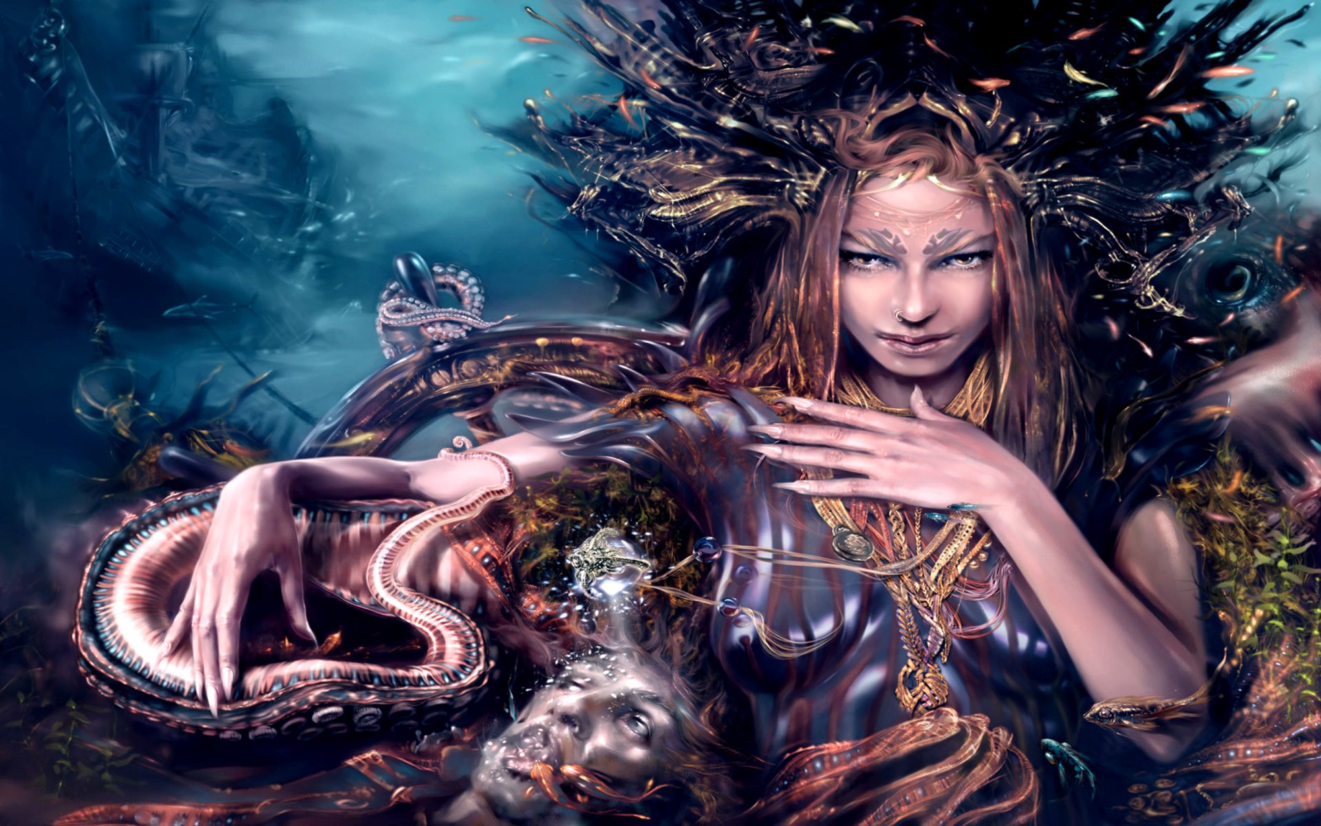 A fantasy goddess with an elaborate crown and flowing hair, surrounded by mystical sea creatures in an underwater realm.