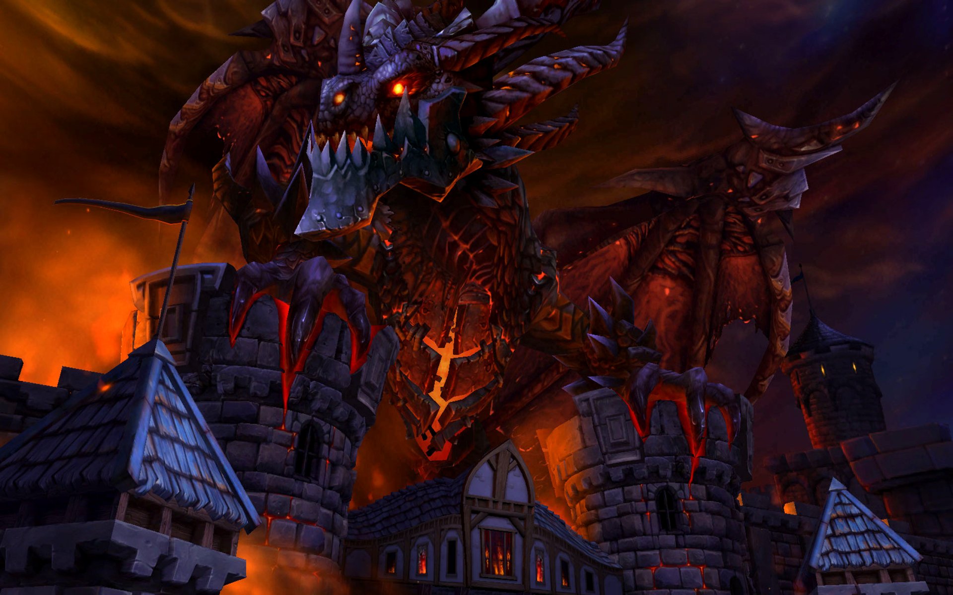 A fiery dragon looms over a medieval fortress, blending video game and optical effects with NGE and TF engineer influences, inspired by Warcraft themes.