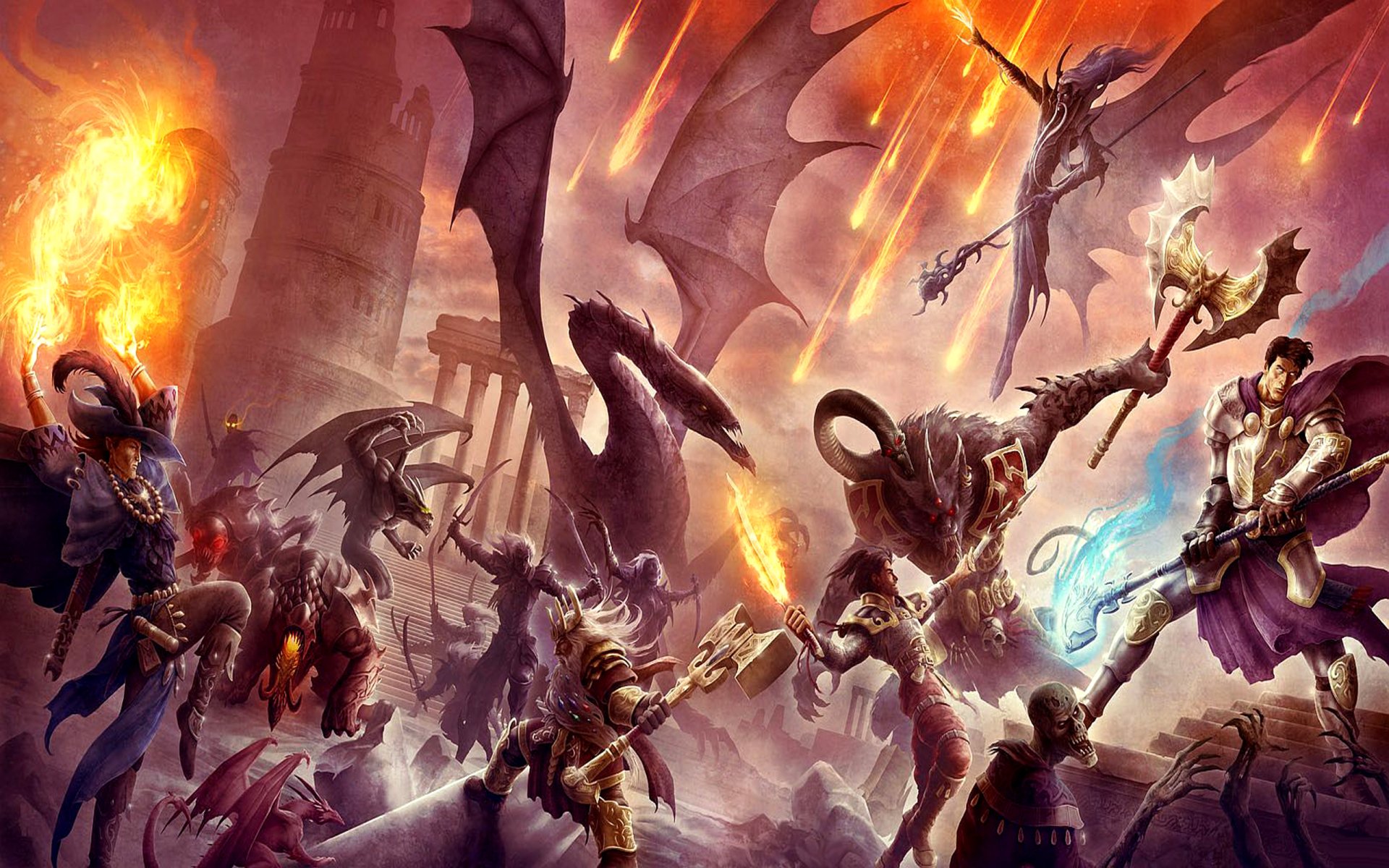 A fierce fantasy battle unfolds with warriors and mythical creatures clashing amid fiery skies and flying debris.