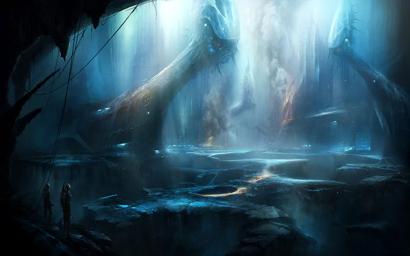 A dark, eerie sci-fi Warhammer scene features towering alien creatures emerging from mist in an underground cavern, watched by two small human figures.