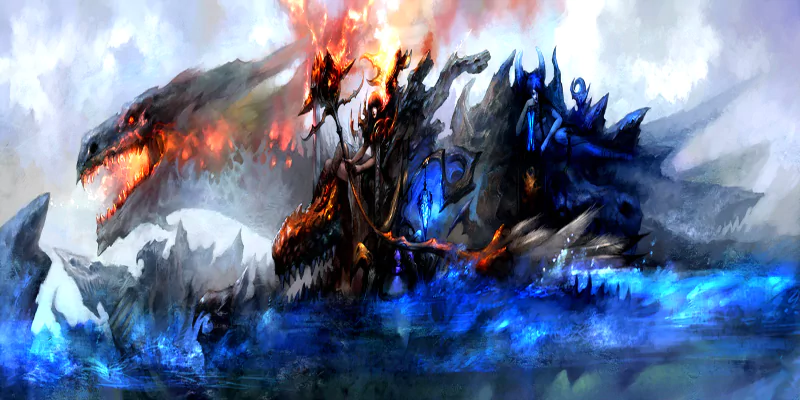 A fierce dragon looms over a turbulent ocean, with fiery tones contrasting against dark, mysterious figures poised atop its back, capturing an epic fantasy scene.