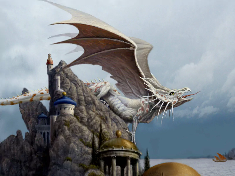 A majestic dragon perches atop a rocky cliff, overlooking a serene landscape adorned with fantastical architecture and a calm sea under a cloudy sky.