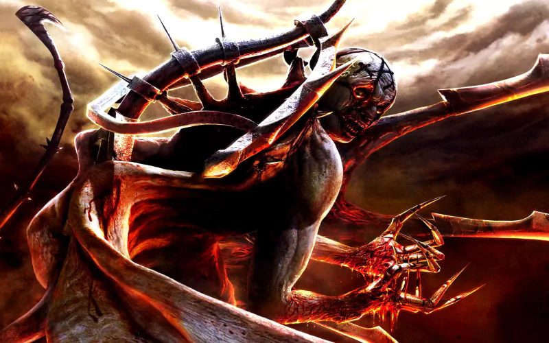 Demonic, winged creature from Clive Barker's Jericho rises in a storm of dark magic beside a twisted elevator shaft, claws outstretched.