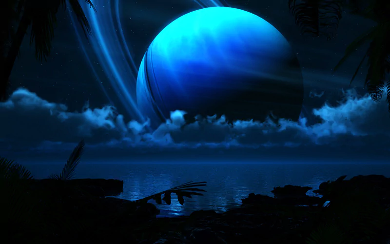A stunning sci-fi landscape featuring a vibrant blue planet dominating the night sky, surrounded by clouds and reflecting on a calm ocean, with dark silhouettes of rocks and foliage in the foreground.