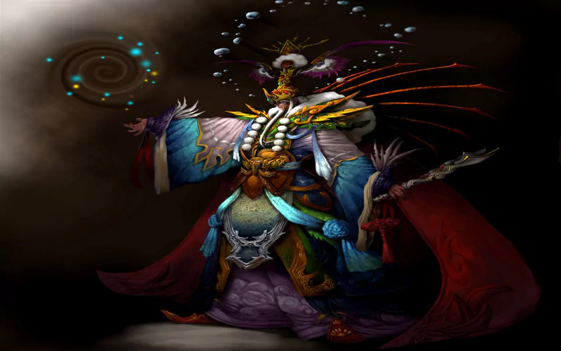A fantasy wizard clad in elaborate robes casts a glowing spiral spell, surrounded by mystical energy in a dark, magical atmosphere.
