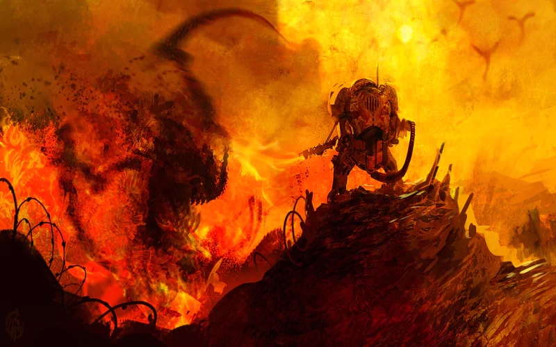 A Sci-Fi warrior stands defiantly on a ridge in a fiery South Pacific landscape, facing a shadowy, monstrous figure emerging from the flames.
