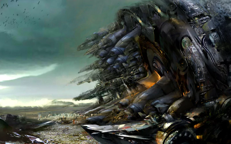 A sci-fi landscape depicting a crashed spaceship from Space Adventure Cobra, surrounded by a desolate, flat terrain under a cloudy sky.