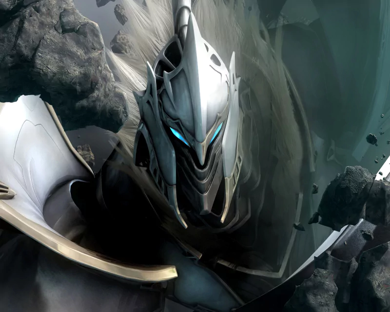 A character from the video game White Knight Chronicles, wearing a detailed silver helmet with glowing blue eyes, stands against a dramatic backdrop of floating rocks and ethereal light.