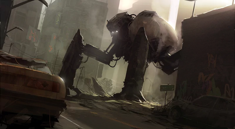 A large, spider-like robot towers over a decaying urban street in a dystopian, post-apocalyptic sci-fi setting shrouded in fog and ruin.