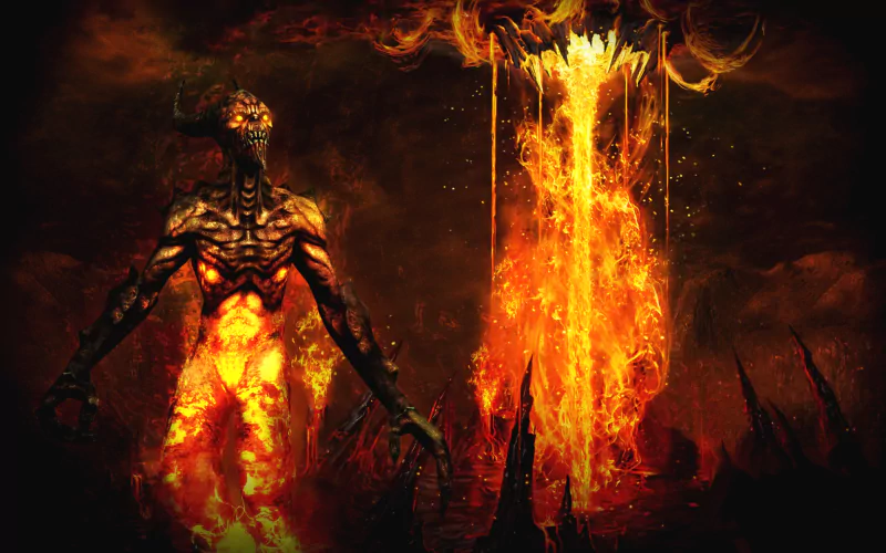 A menacing creature emerges from fiery depths, surrounded by glowing flames and dark landscapes, reflecting the intense atmosphere of the video game Rift.