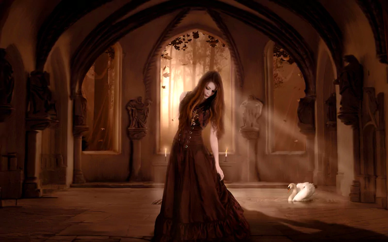 A dark gothic scene features a woman in a flowing brown dress, softly illuminated in an ancient, shadowy space with intricate architecture and a curious white cat nearby.