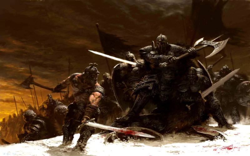 A dark, intense Warhammer battle scene featuring grim warriors clashing with swords and axes against a moody, emo rock-inspired backdrop.