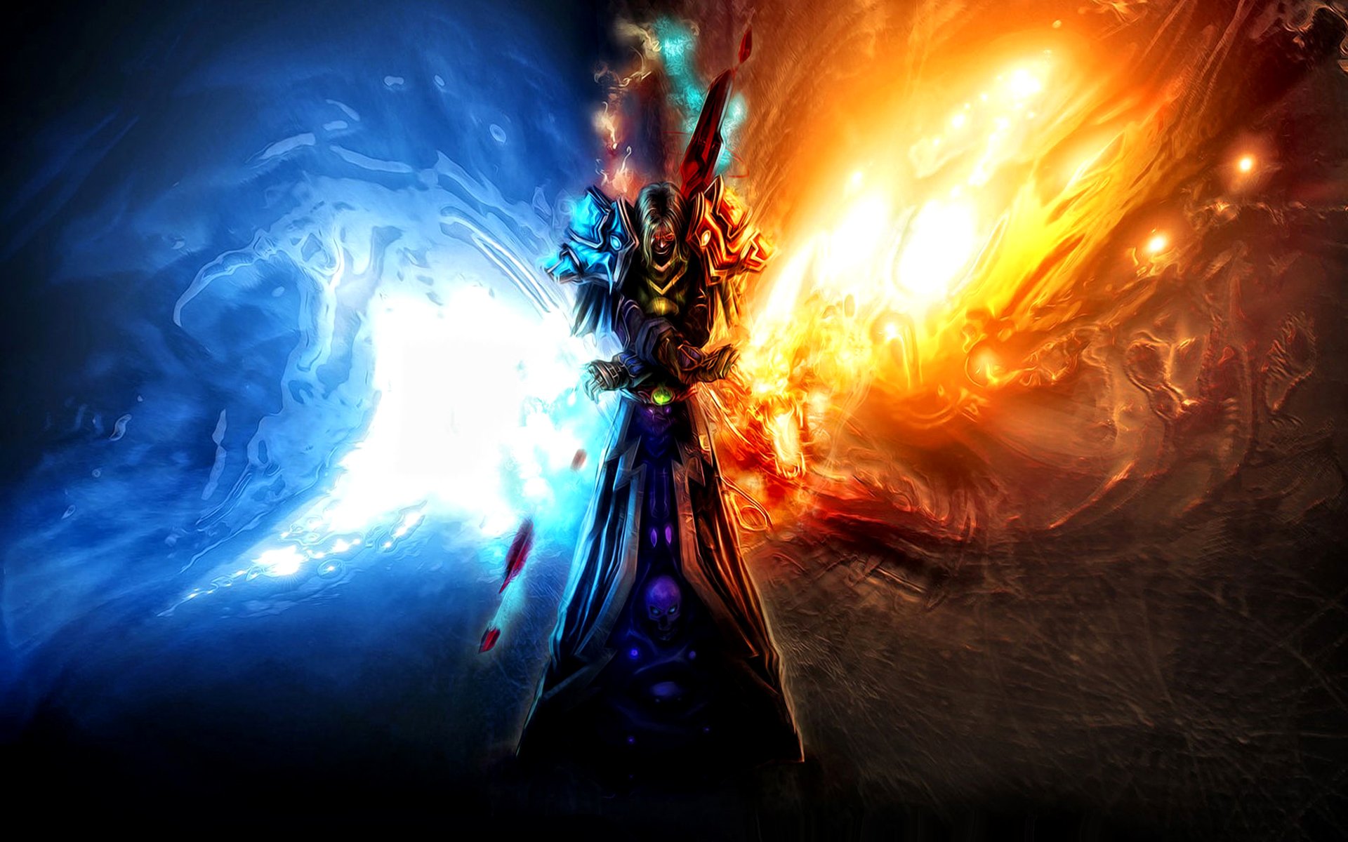 A dark sorcerer stands amidst swirling, vibrant colors of blue and fiery orange, with grass faintly visible at the base, creating a dramatic, magical atmosphere.