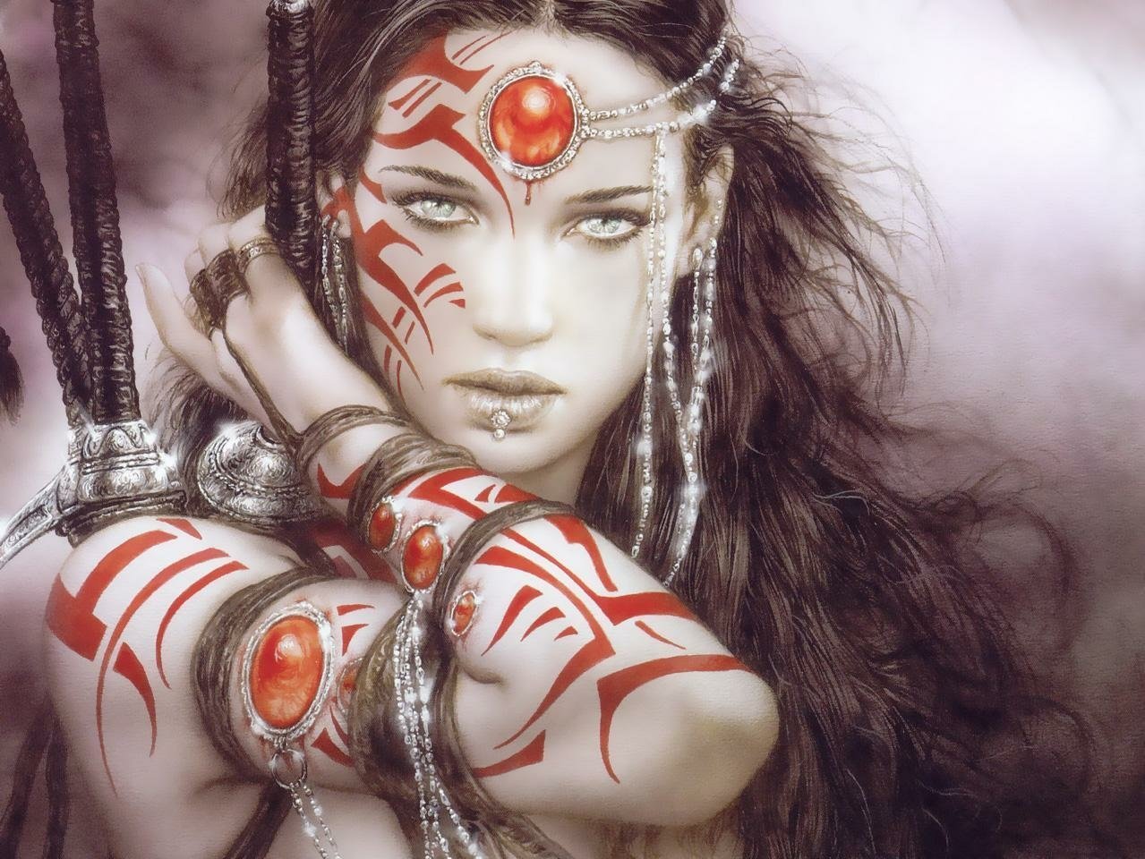 A striking fantasy woman with intricate red tattoos and ornate jewelry gazes intensely, her flowing hair complementing the mystical atmosphere of the image.